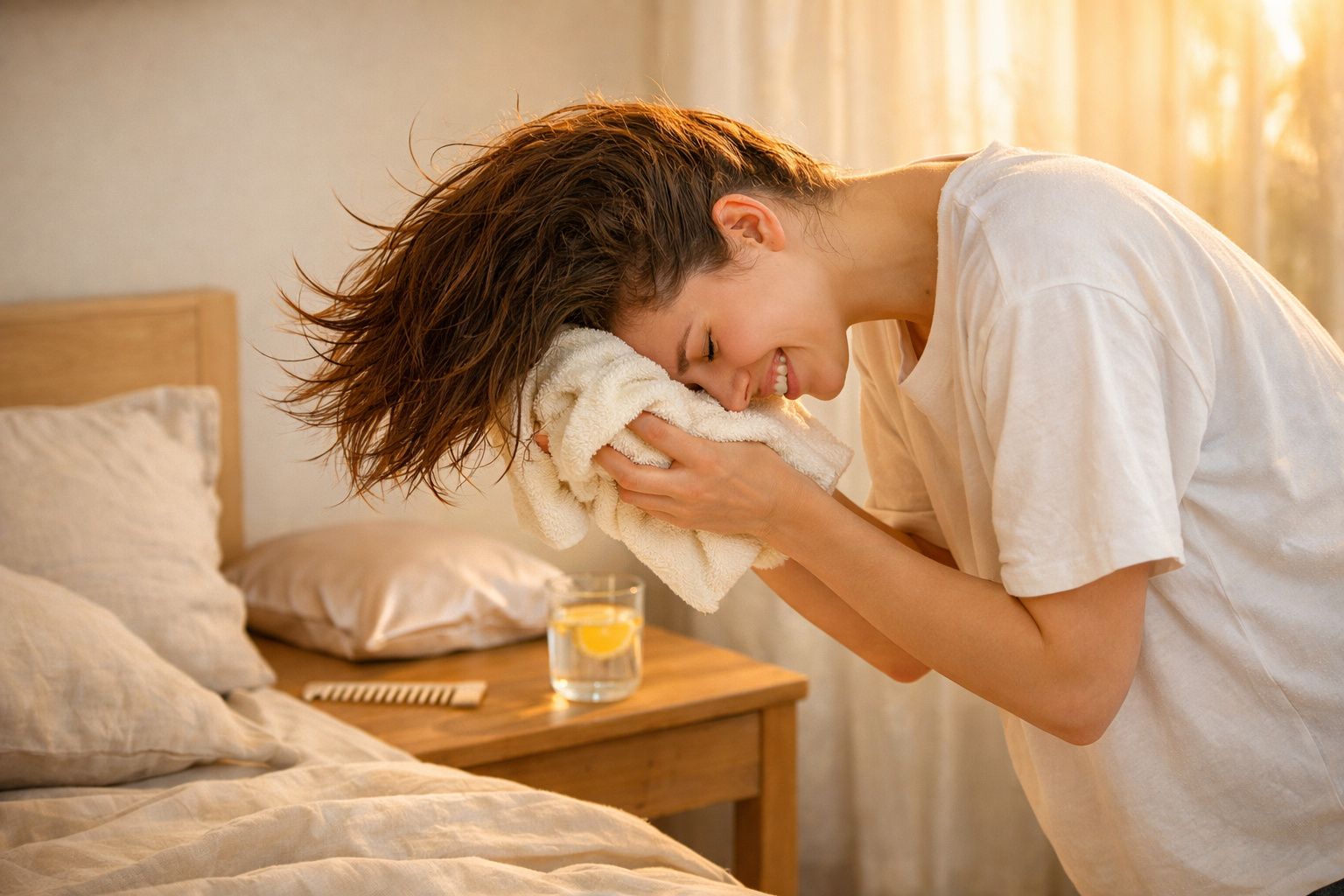 Mulher sorrindo seca o cabelo com toalha em quarto iluminado por luz natural ao amanhecer.