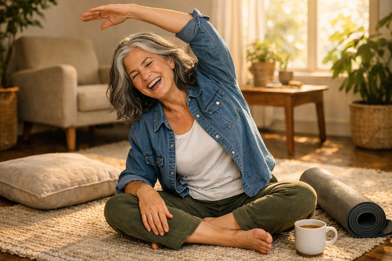 Mulher sorridente fazendo alongamento sentada no tapete da sala ensolarada com itens de yoga ao redor.