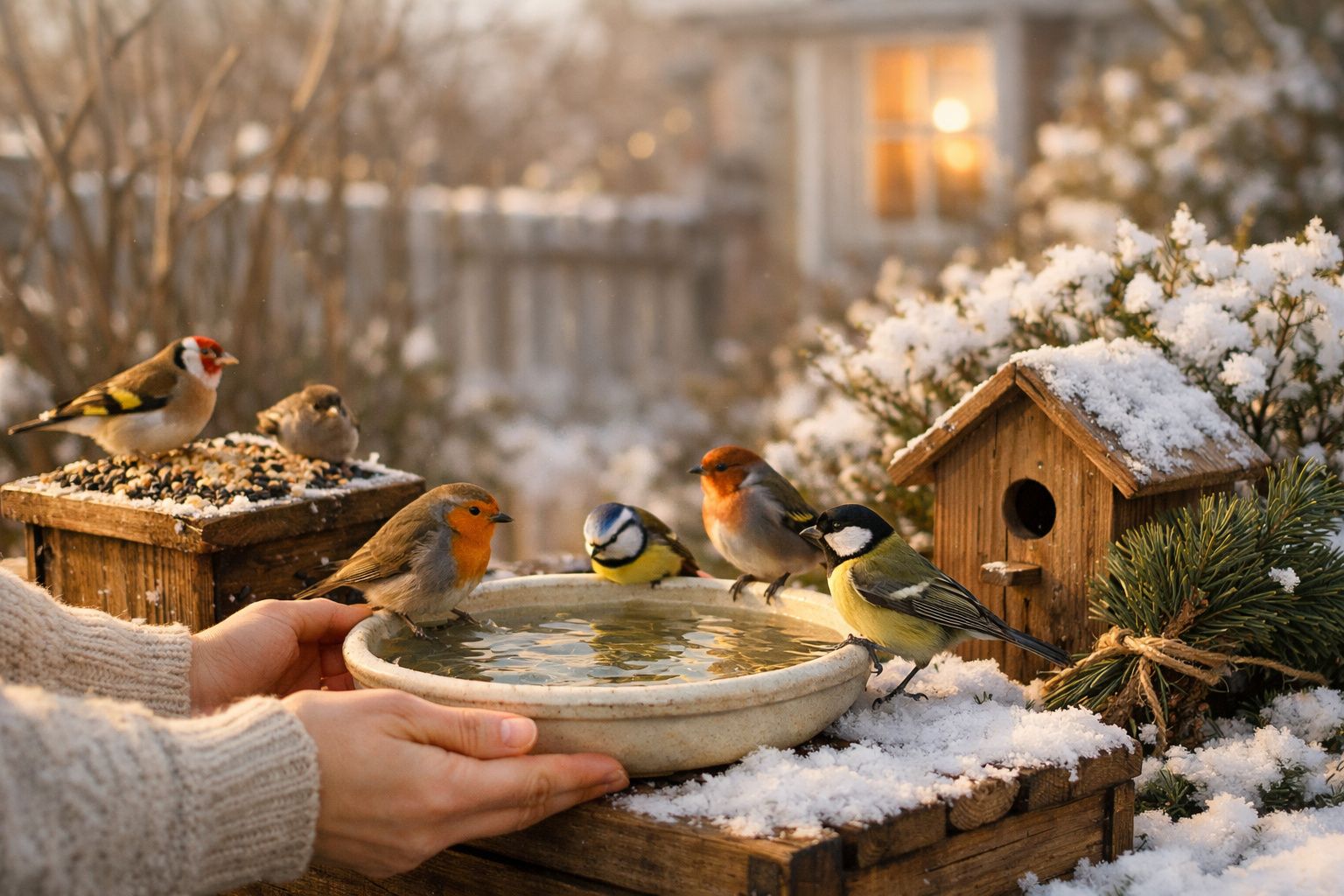 Mãos seguram tigela com água para pássaros no jardim coberto de neve ao entardecer.