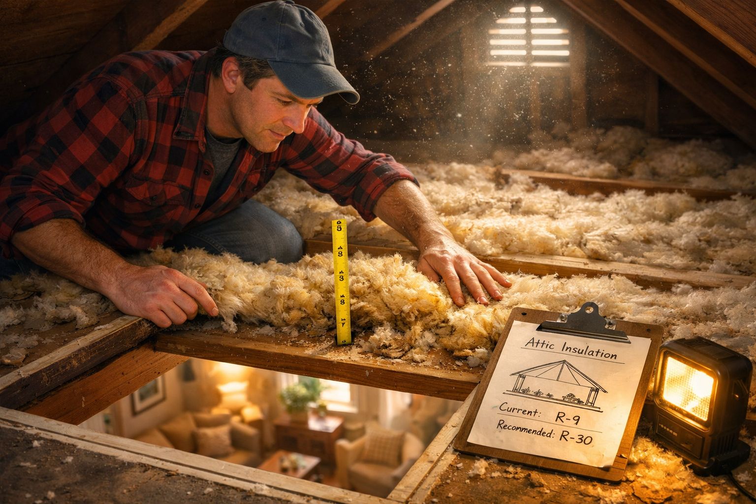 Homem medindo a espessura do isolamento térmico no sótão, usando fita métrica e prancheta com informações.