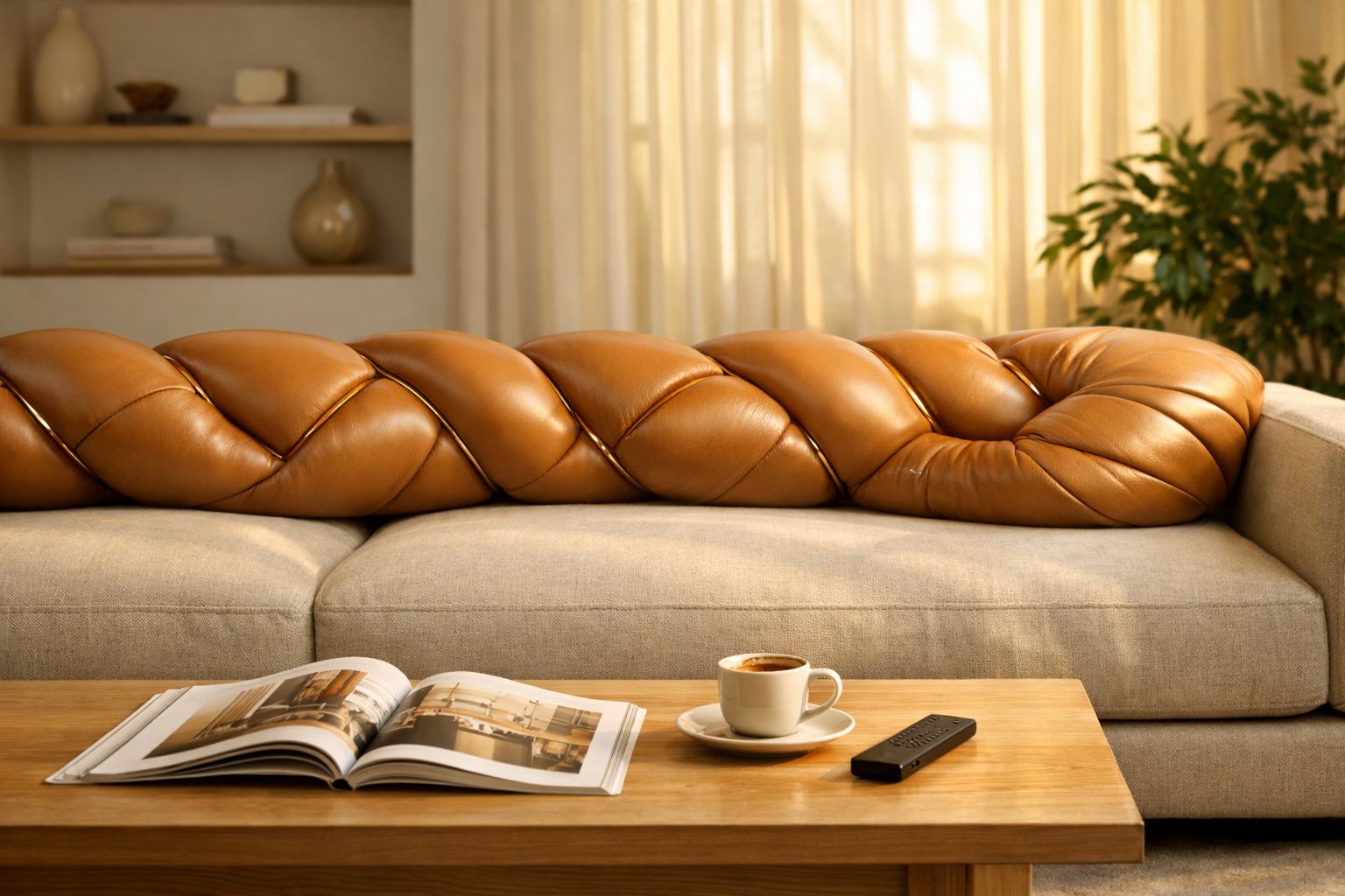 Almofada de couro marrom trançada sobre sofá bege, com mesa de madeira, revista, xícara de café e controle remoto.