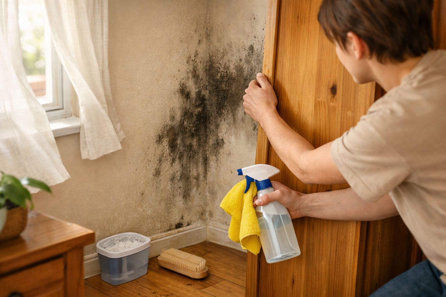Pessoa segurando pano amarelo e borrifador diante de parede com mofo preto em ambiente interno.