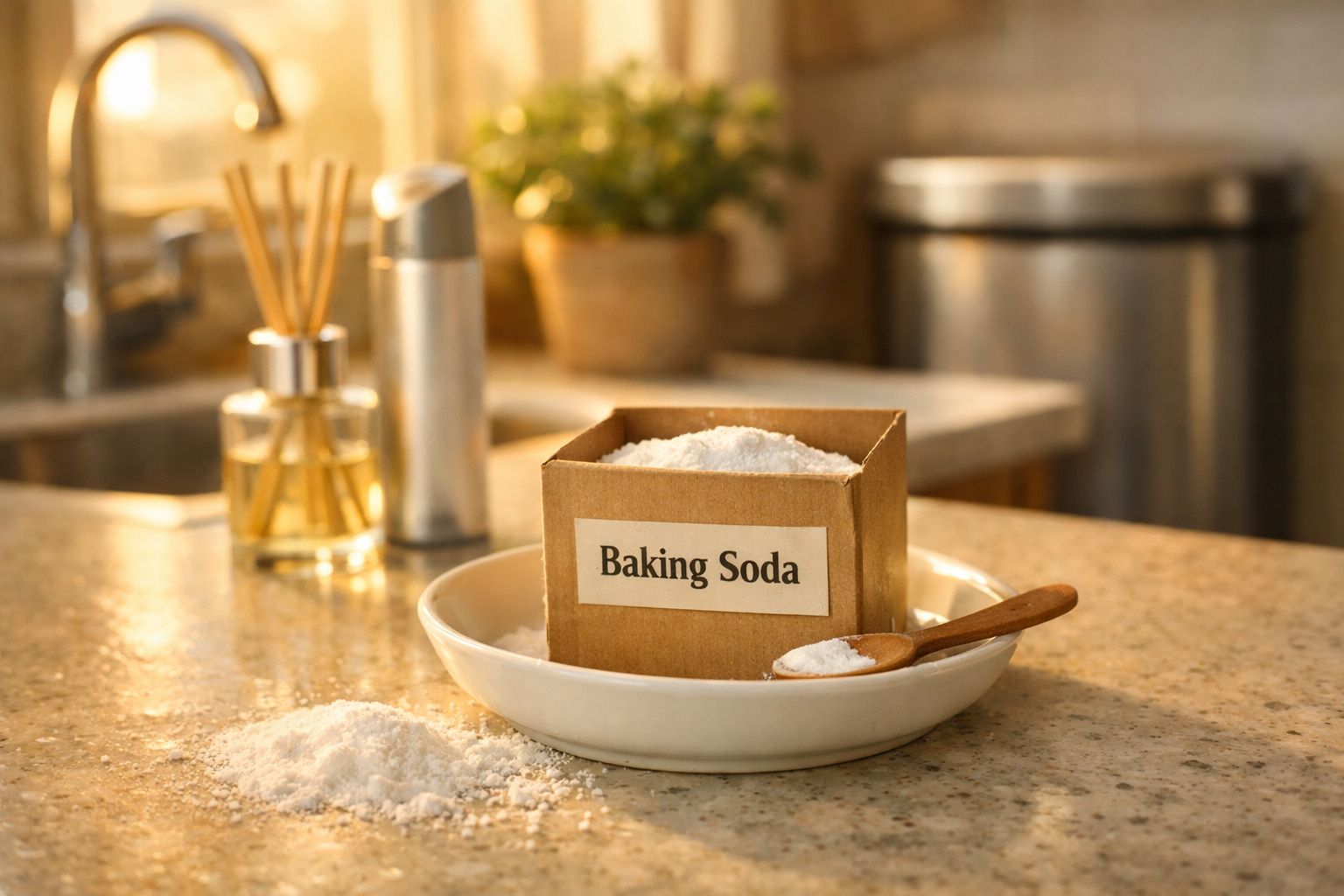 Caixa de bicarbonato de sódio com colher de madeira em prato sobre bancada de cozinha iluminada.