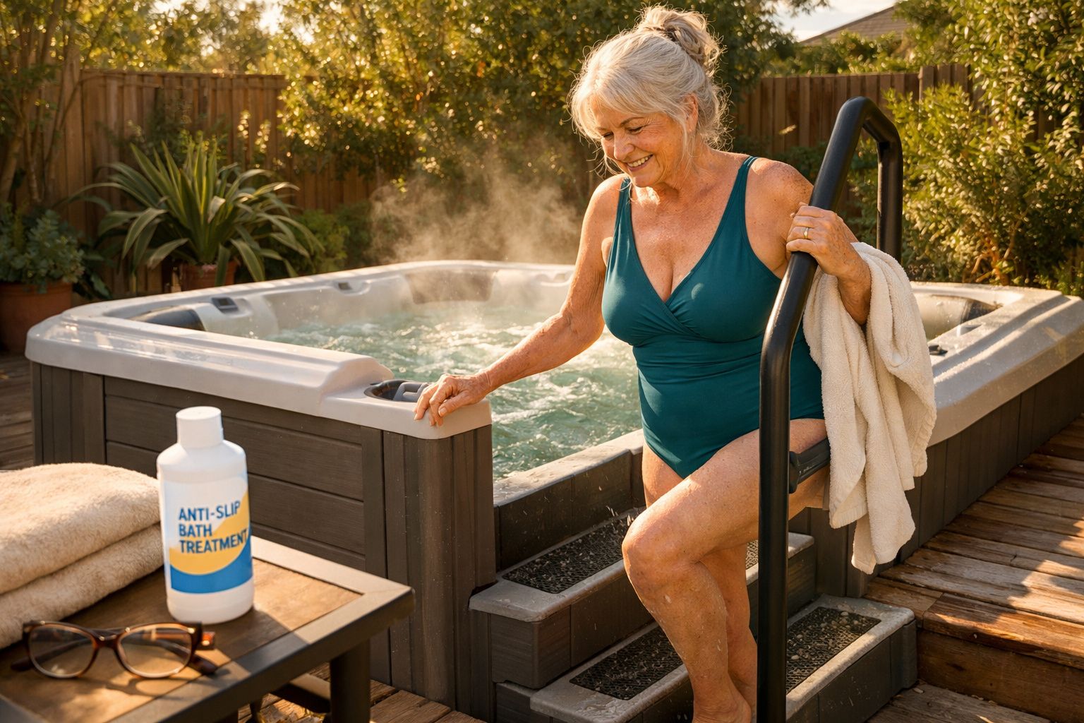 Mulher sorrindo sai de ofurô ao ar livre com toalha e banho térmico ao redor em dia ensolarado.