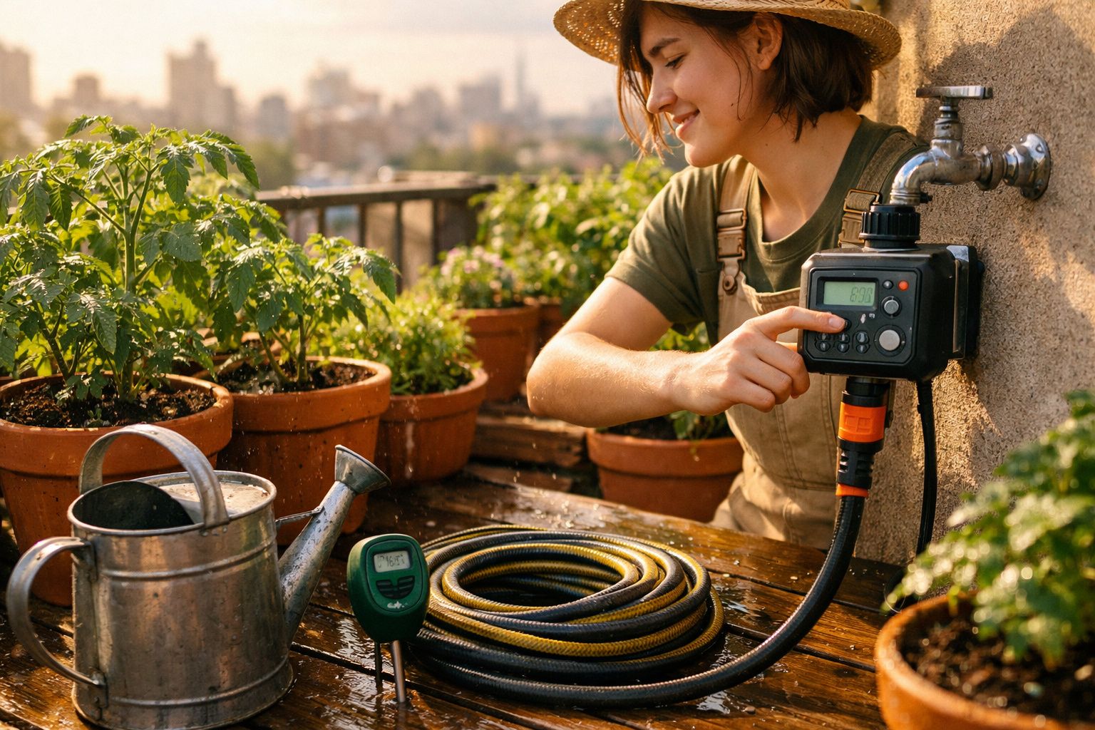 Mulher ajusta temporizador automático para irrigação em varanda com vasos de plantas e regador metálico.