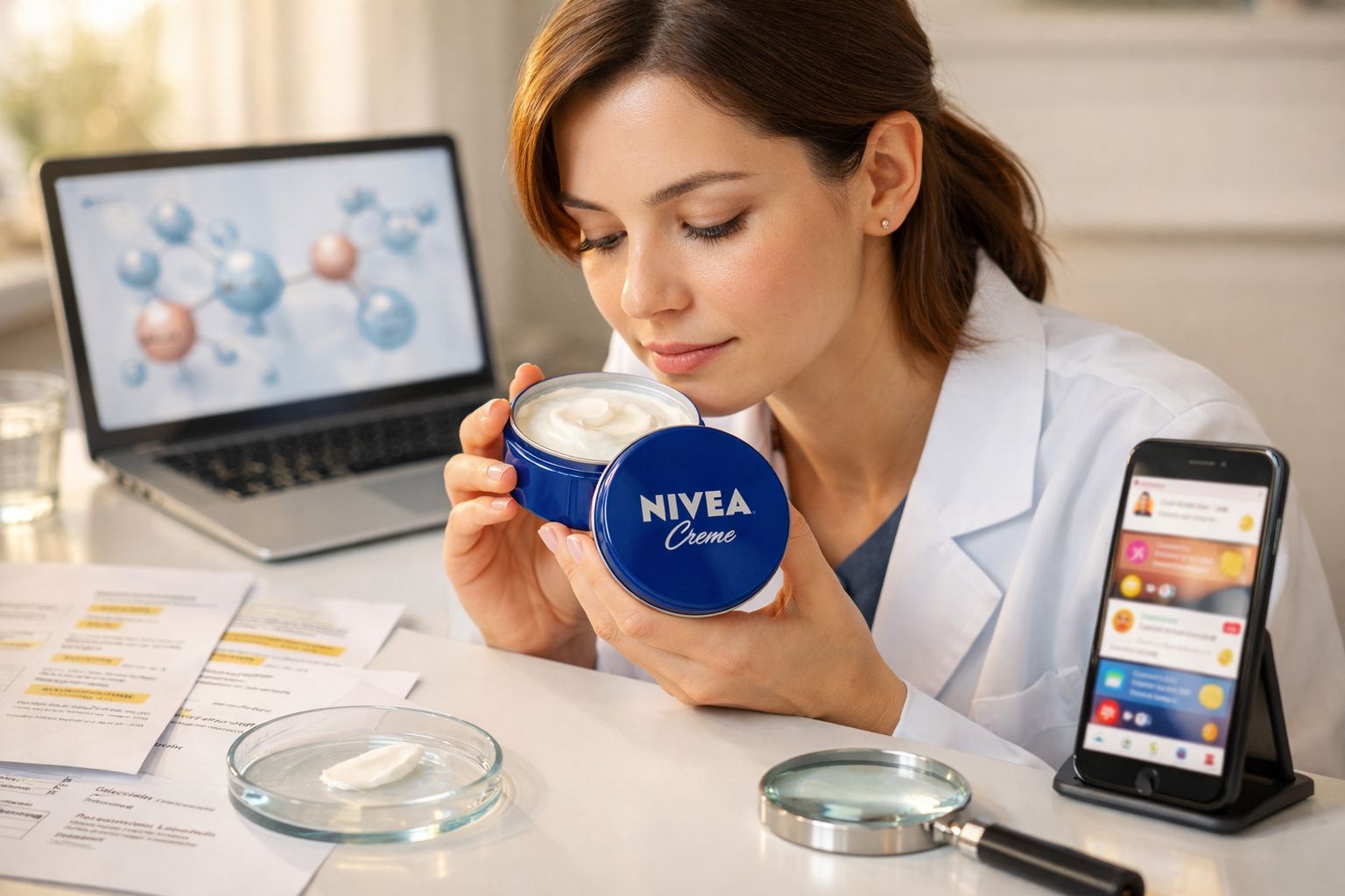Mulher de jaleco com creme Nivea, analisando produto em mesa com documentos e celular.