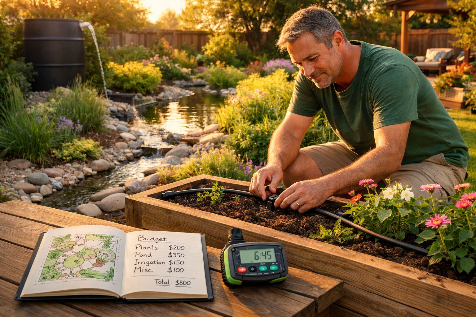 Homem ajusta sistema de irrigação em horta com flores ao pôr do sol e planejamento de orçamento ao lado.