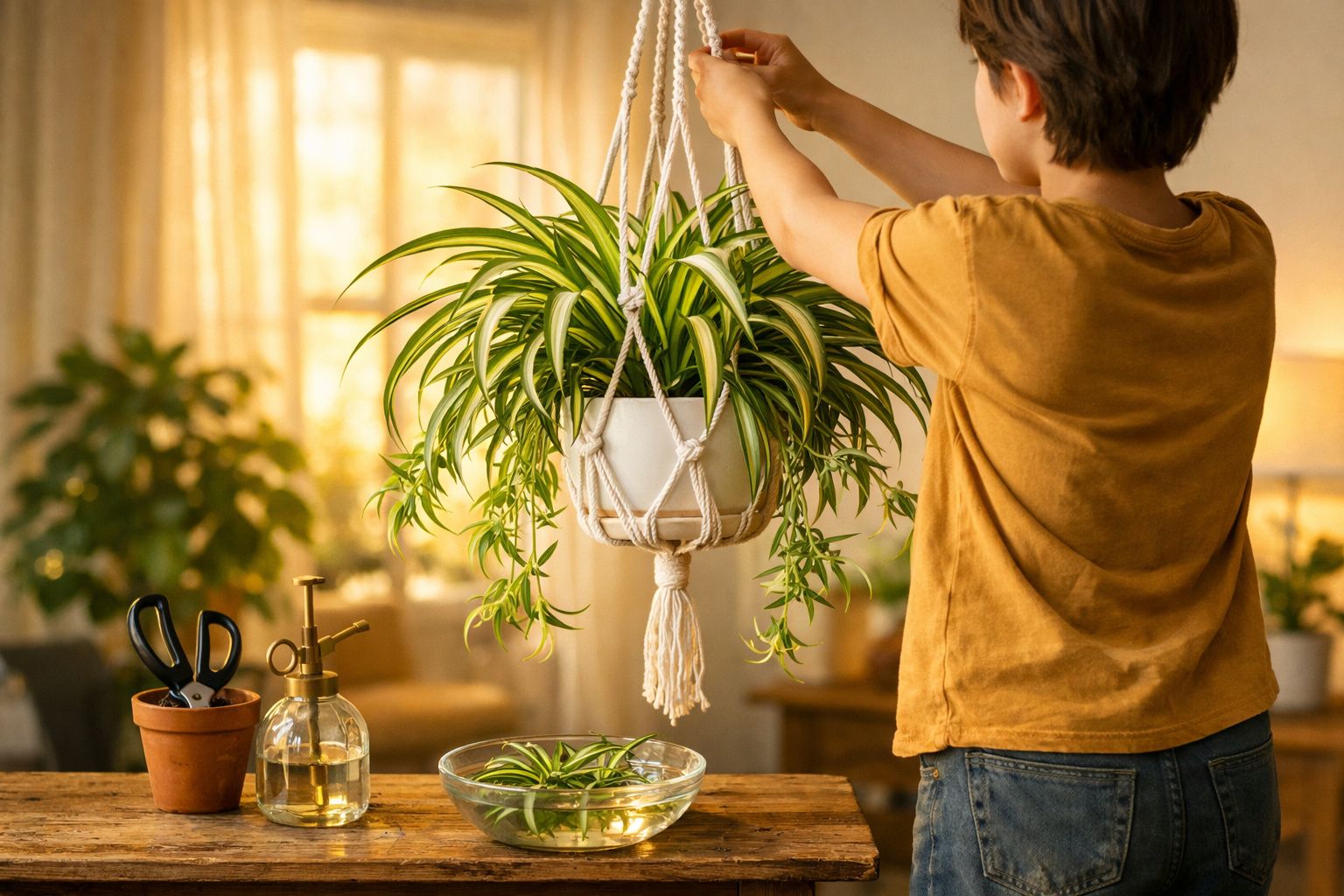 Criança cuidando de planta pendurada em vaso branco em ambiente interno iluminado e aconchegante.