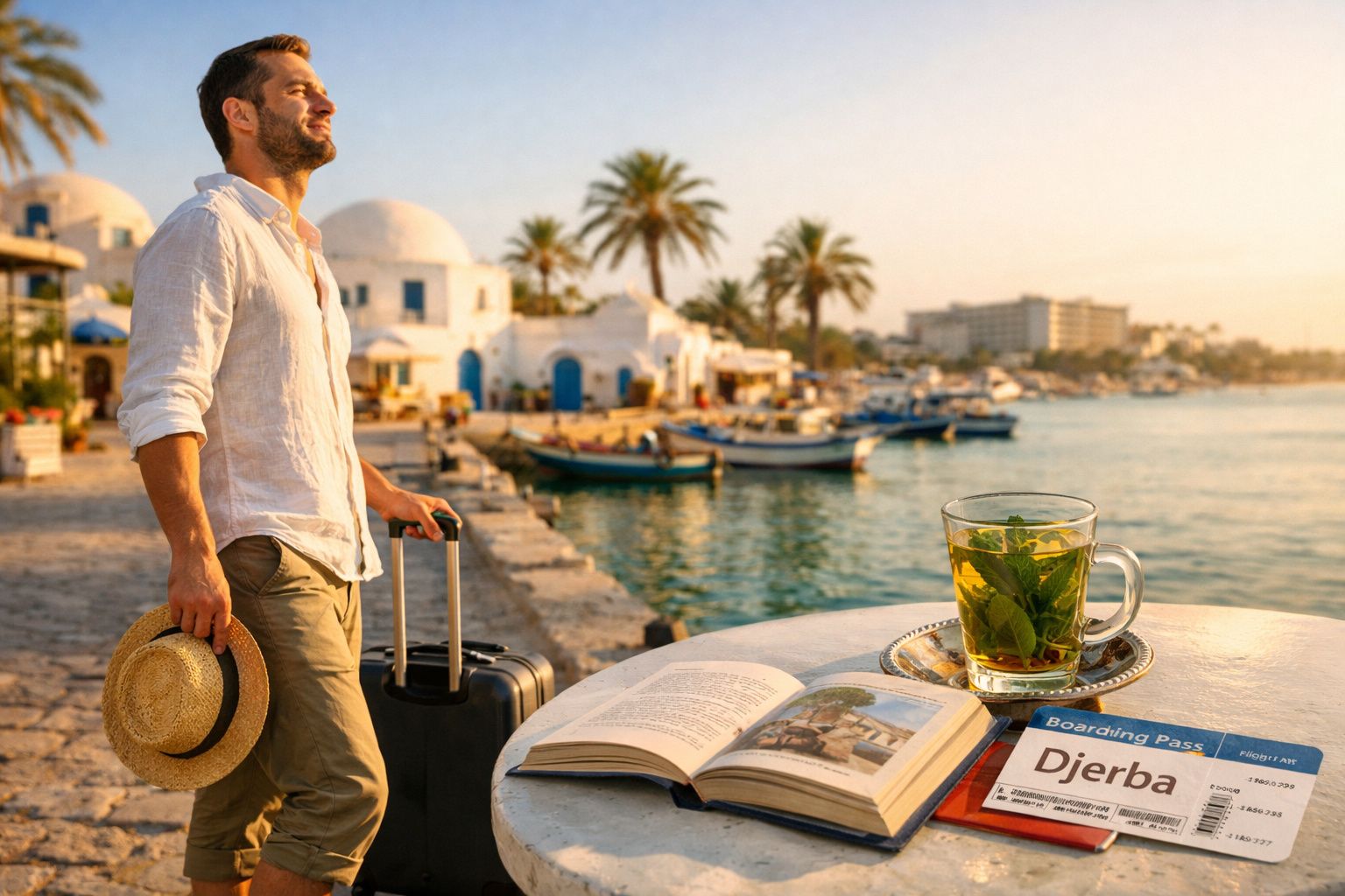 Homem com mala e chapéu na mão observa o mar em porto com barcos e casas ao fundo ao entardecer.