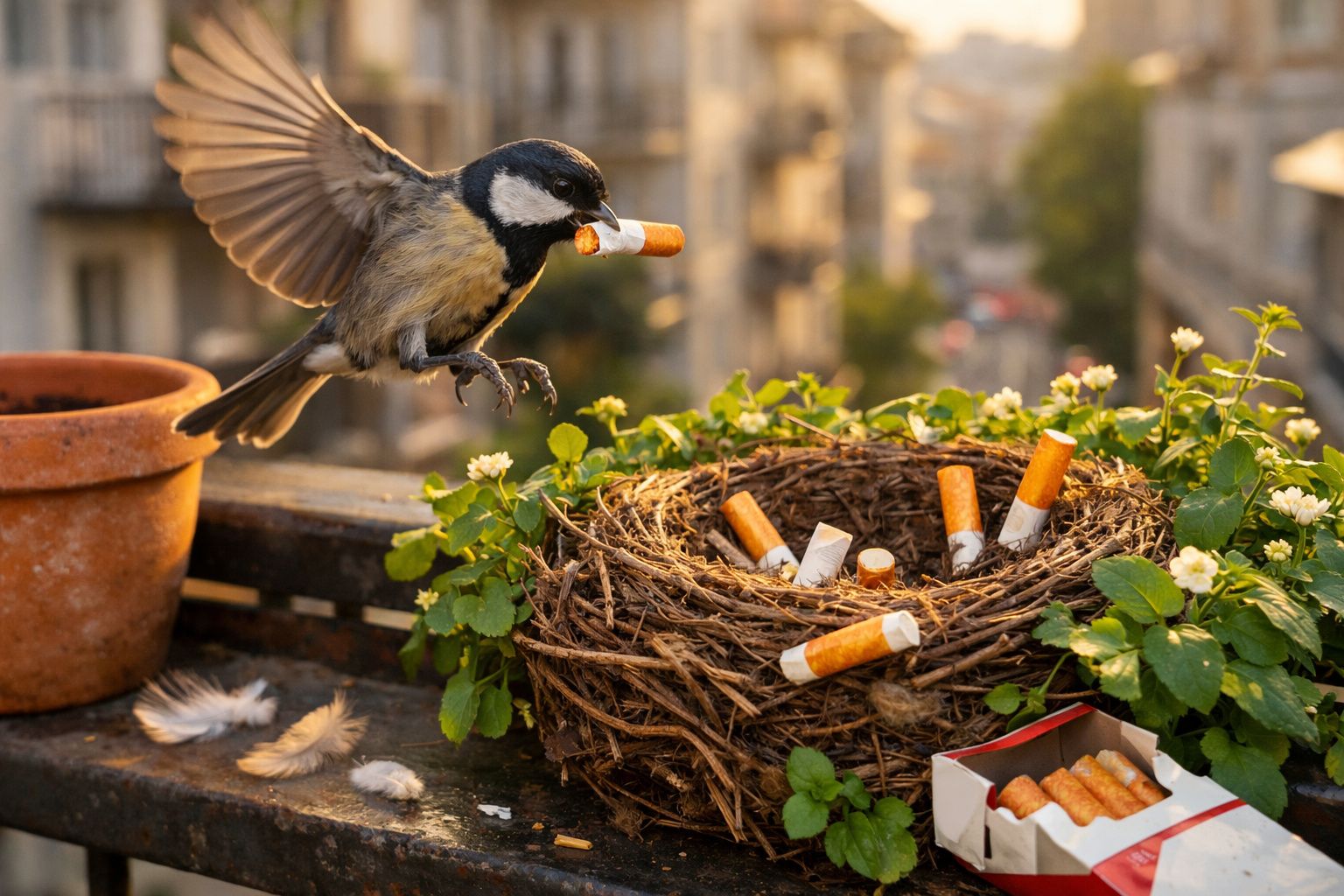 Pássaro carregando cigarro para um ninho cheio de bitucas cercado por plantas e um vaso.