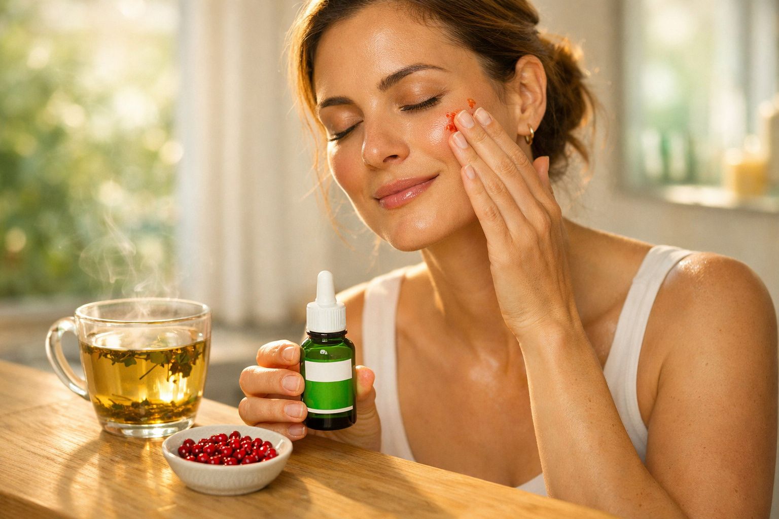 Mulher aplicando óleo facial, segurando frasco verde, chá e cápsulas vermelhas sobre mesa de madeira.