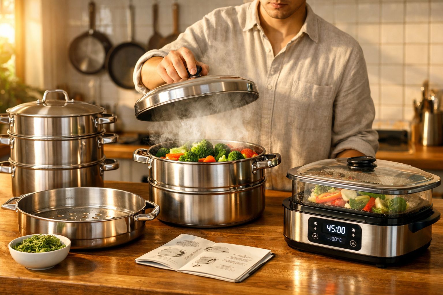 Pessoa abre tampa de panela a vapor com vegetais frescos enquanto cozinha em cozinha iluminada.