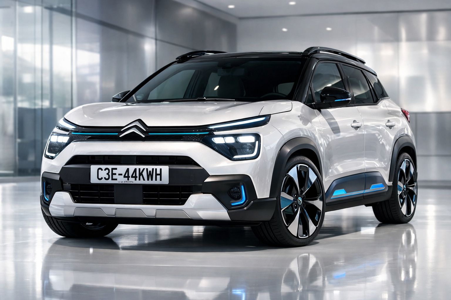 Carro branco Citroën SUV elétrico moderno em ambiente interno com detalhes em azul e rodas pretas.