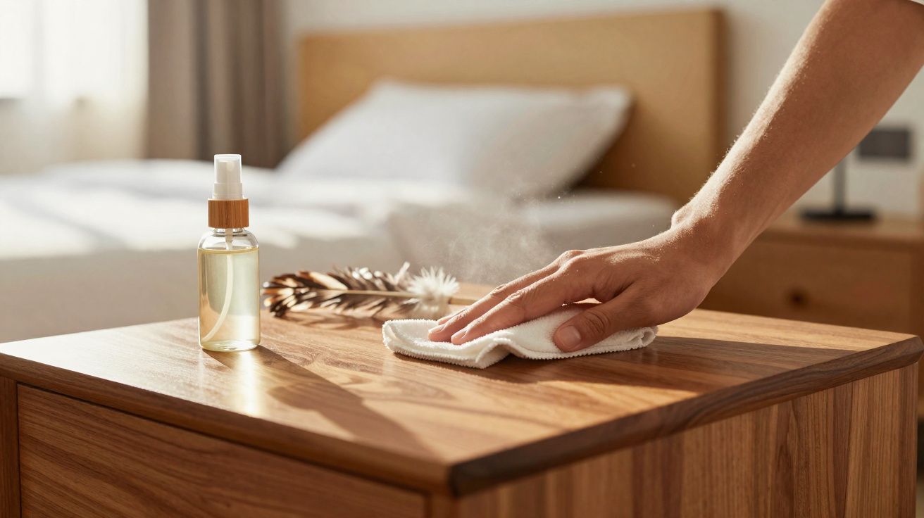 Mão limpando móvel de madeira com pano branco e spray ao lado em quarto iluminado.
