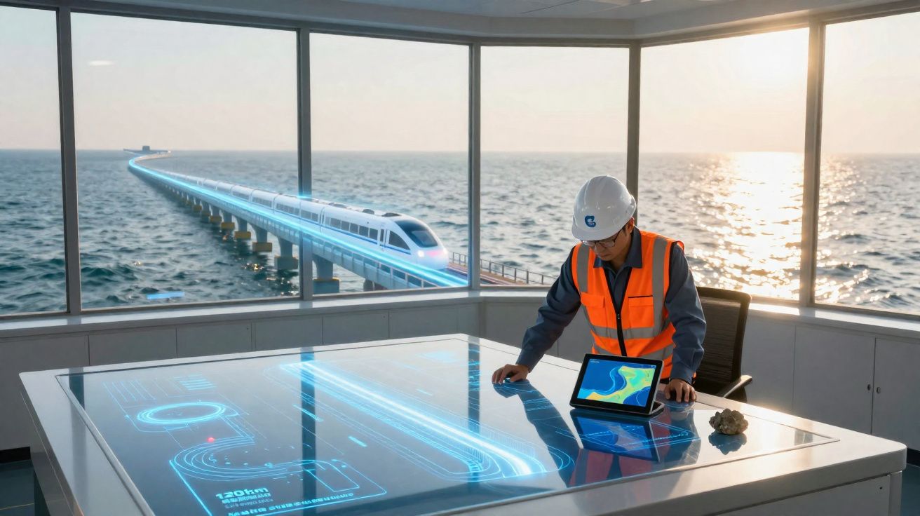 Engenheiro com capacete e colete observa mapa digital em sala com vista para trem futurista sobre o mar.