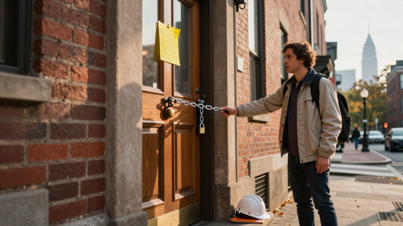 Homem jovem com mochila observa porta de madeira fechada com corrente e cadeado em rua urbana.