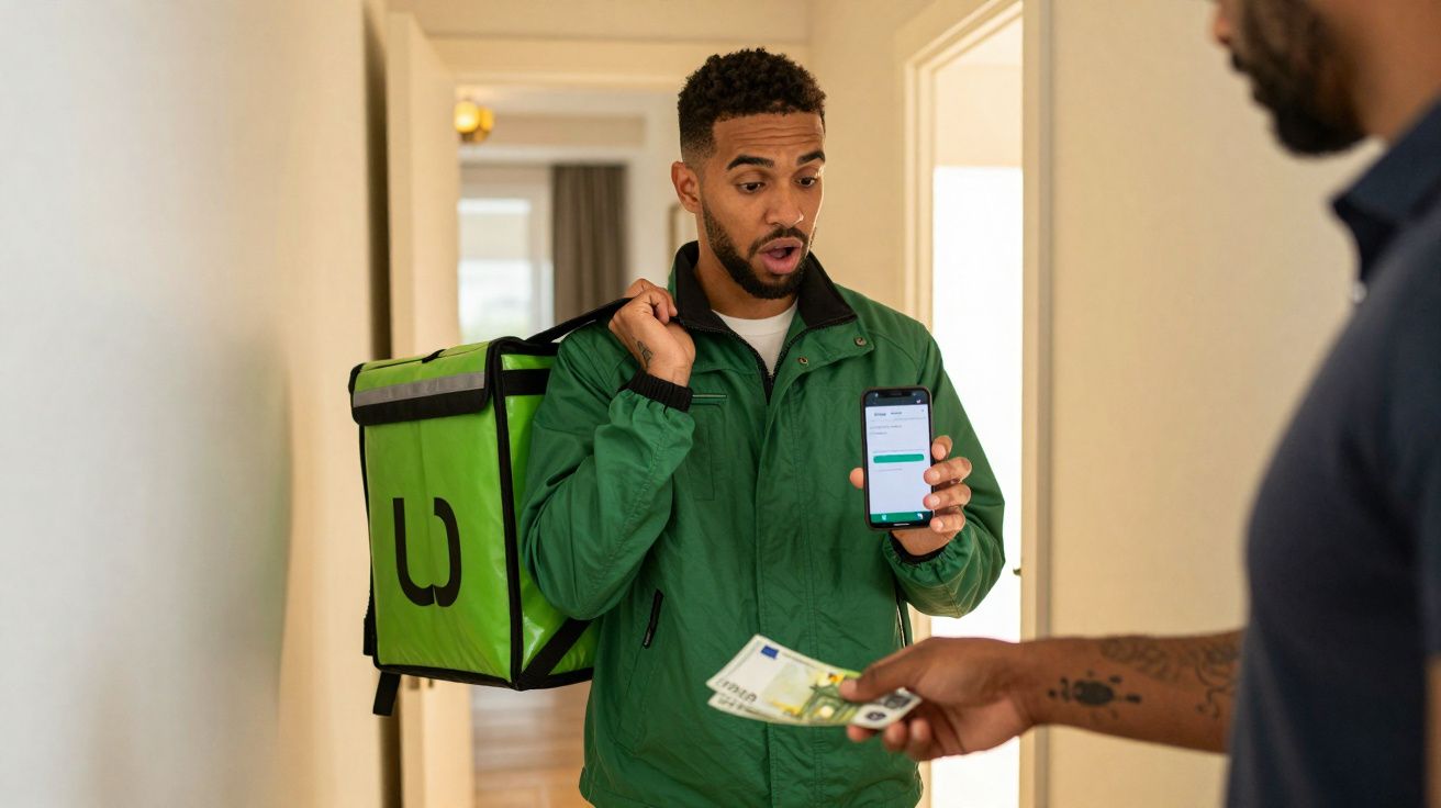 Entregador surpresa mostra celular para cliente enquanto recebe dinheiro em casa.