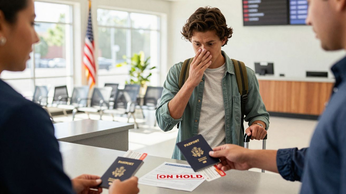 Homem preocupado no balcão do aeroporto com passaporte em mãos e papel marcado como "on hold".