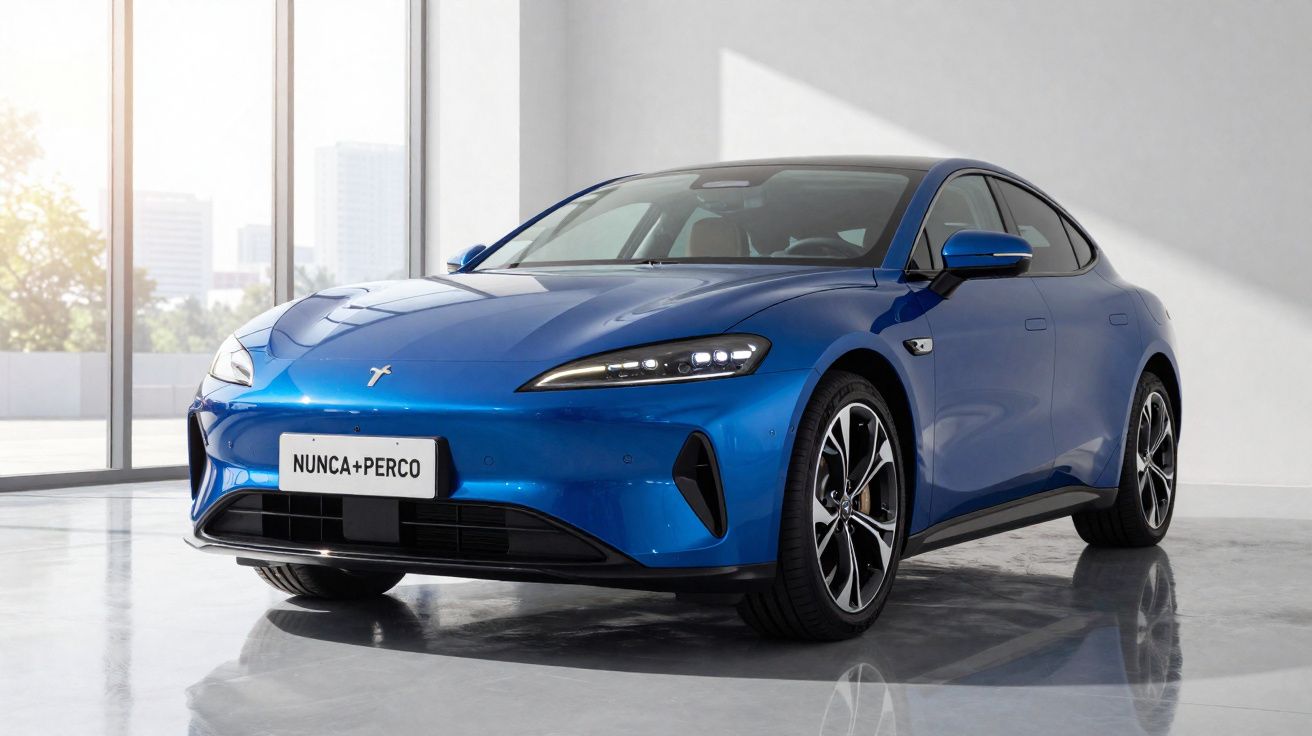 Carro elétrico azul estacionado em ambiente interno com grande janela e piso reflexivo.