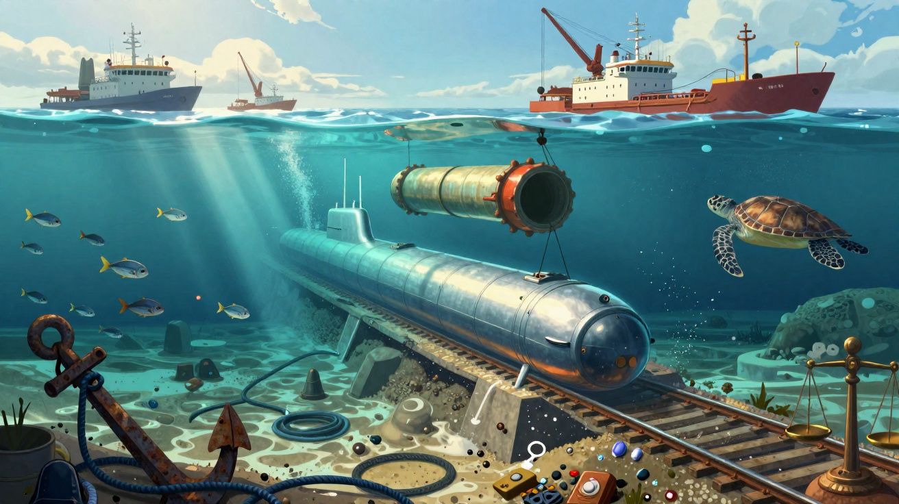 Submarino futurista em trilho subaquático com navios, tartaruga marinha e objetos no fundo do mar.