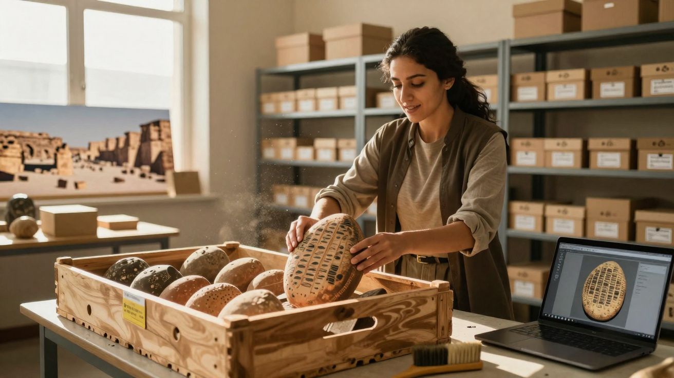 Mulher examinando artefatos arqueológicos em caixa de madeira em laboratório bem iluminado.