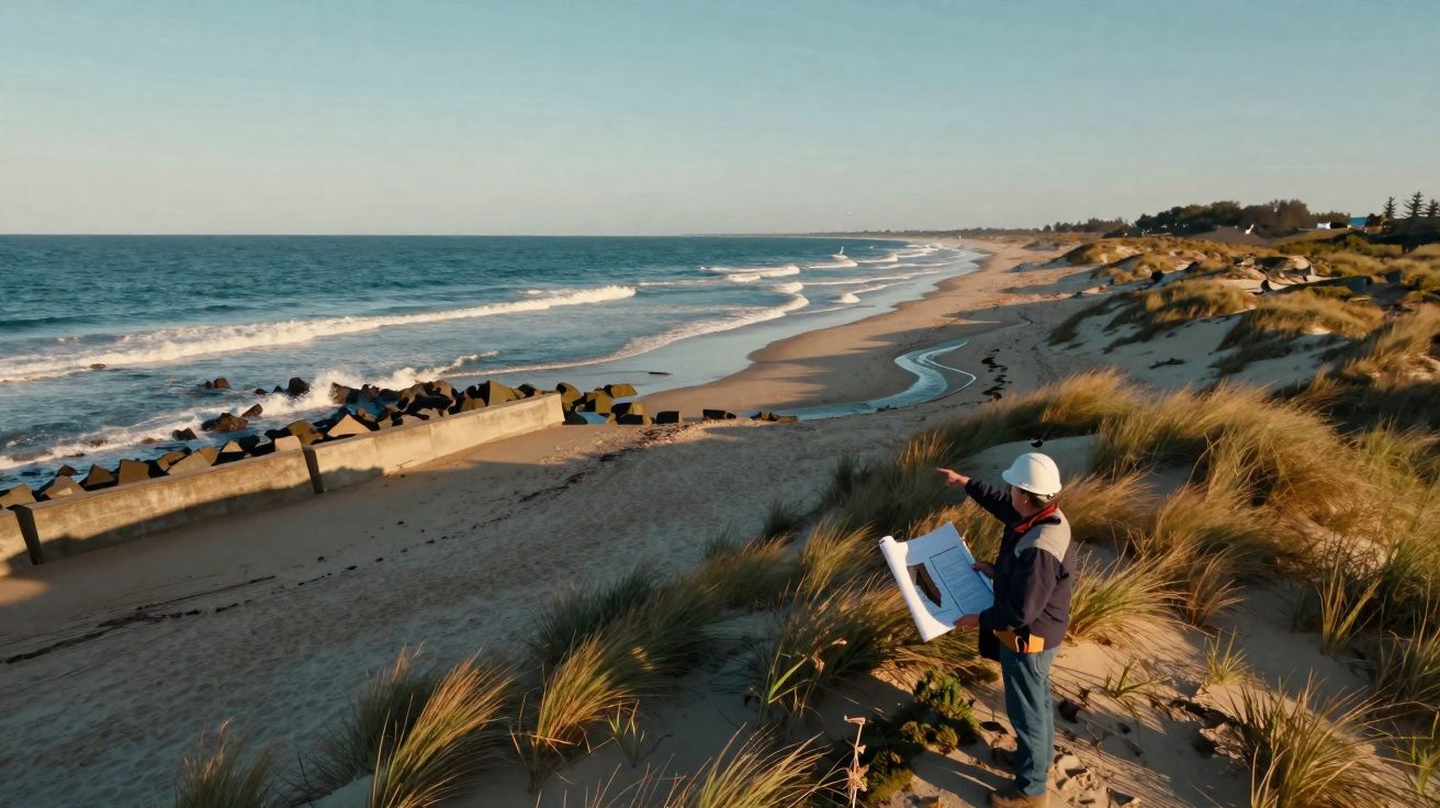 Engenheiro com capacete e planta aponta para a praia com dunas e ondas ao entardecer.