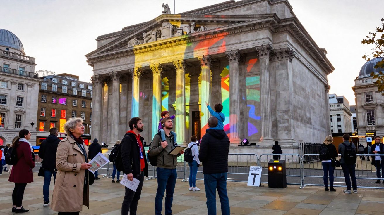 Pessoas observando projeções coloridas em fachada clássica de edifício histórico ao entardecer.