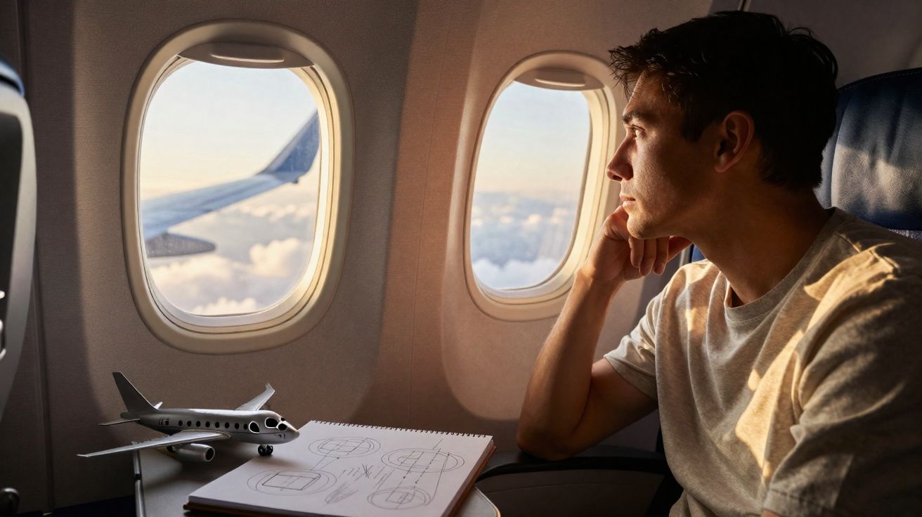 Homem sentado na janela de avião olhando para fora, com modelo de avião e esboços sobre a mesa.