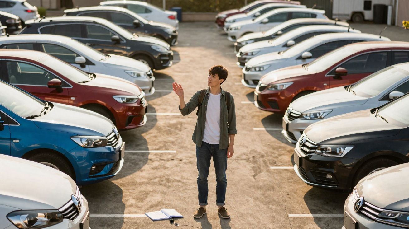 Homem jovem parado entre dois fileiras de carros em estacionamento ao ar livre, olhando para cima.