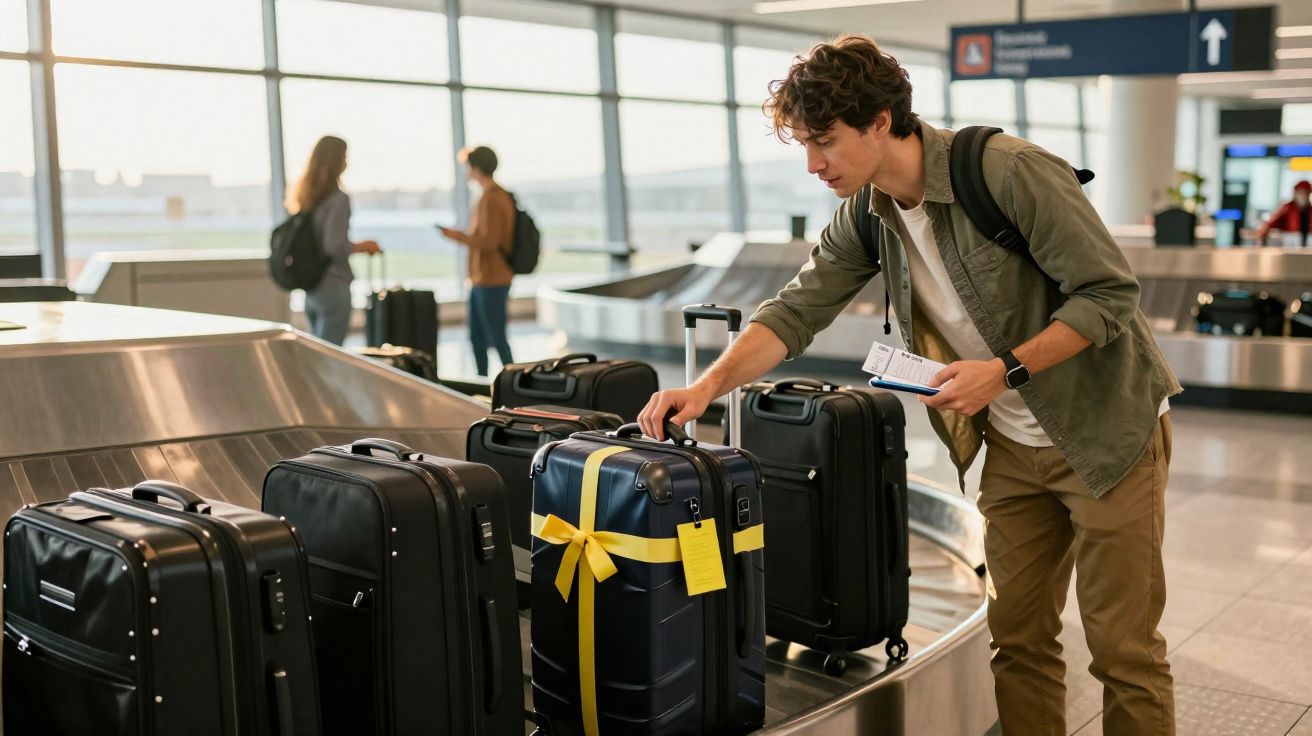 Homem verifica mala com fita amarela na esteira de bagagens em aeroporto moderno.
