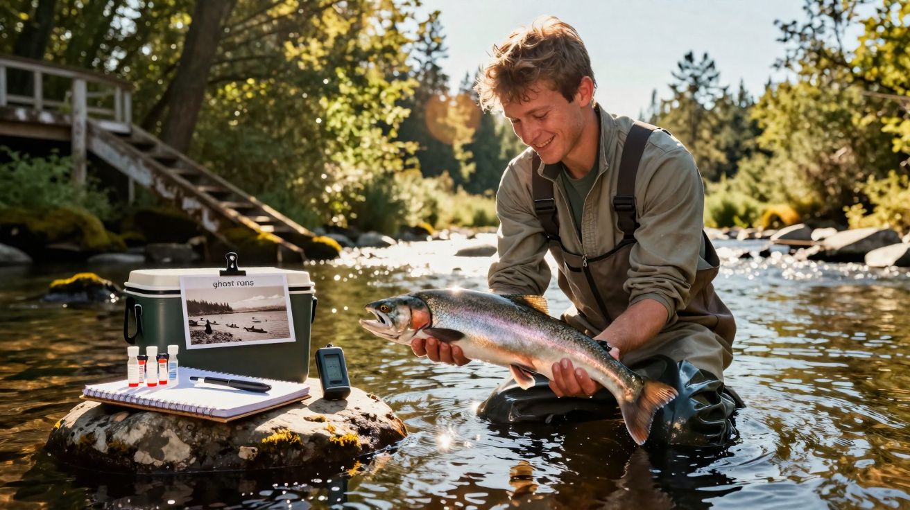 Homem sorridente segura peixe grande no rio, ao lado de cooler, cadernos e equipamentos de pesca.