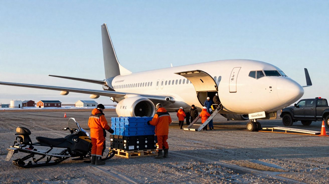Avião branco em pista rural com trabalhadores carregando caixas azuis e neve ao redor.