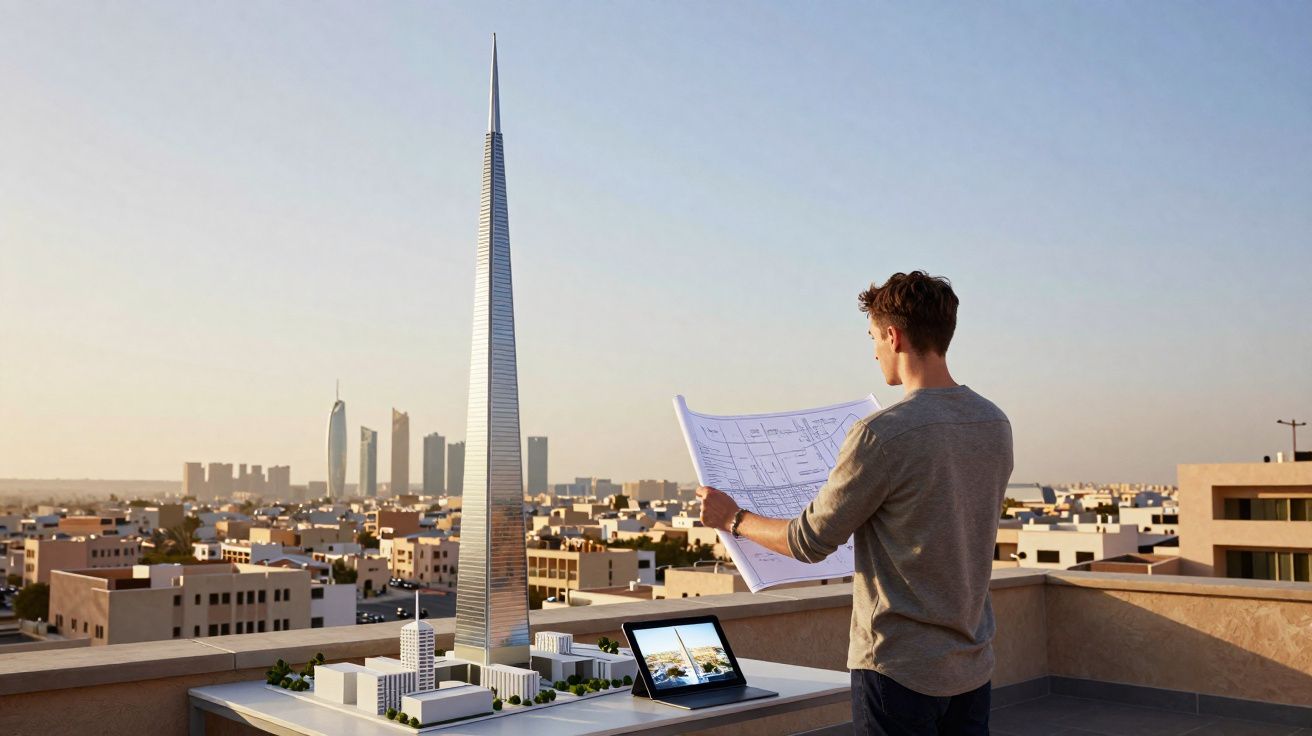 Homem analisa planta em maquete de arranha-céu em telhado com vista para cidade ao entardecer.