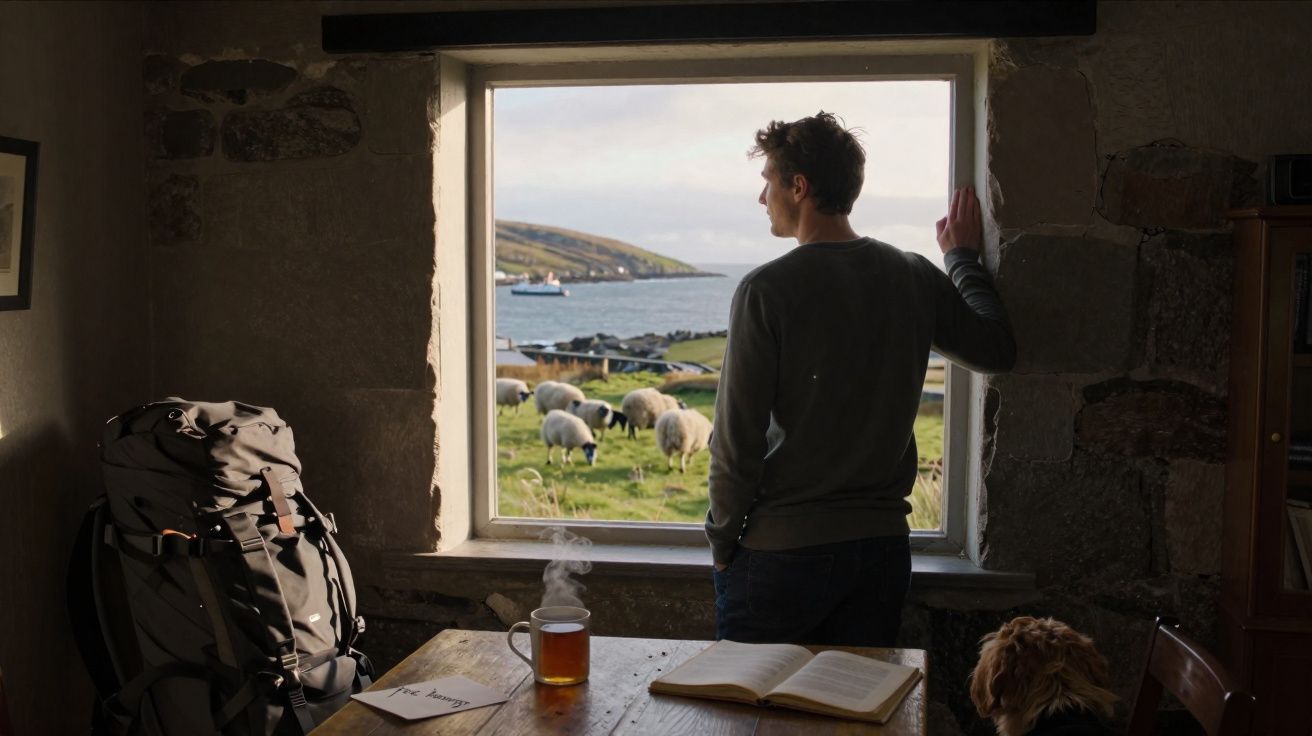 Homem olhando pela janela de casa para um campo com ovelhas, mesa com livro aberto, chá e mochila ao lado.