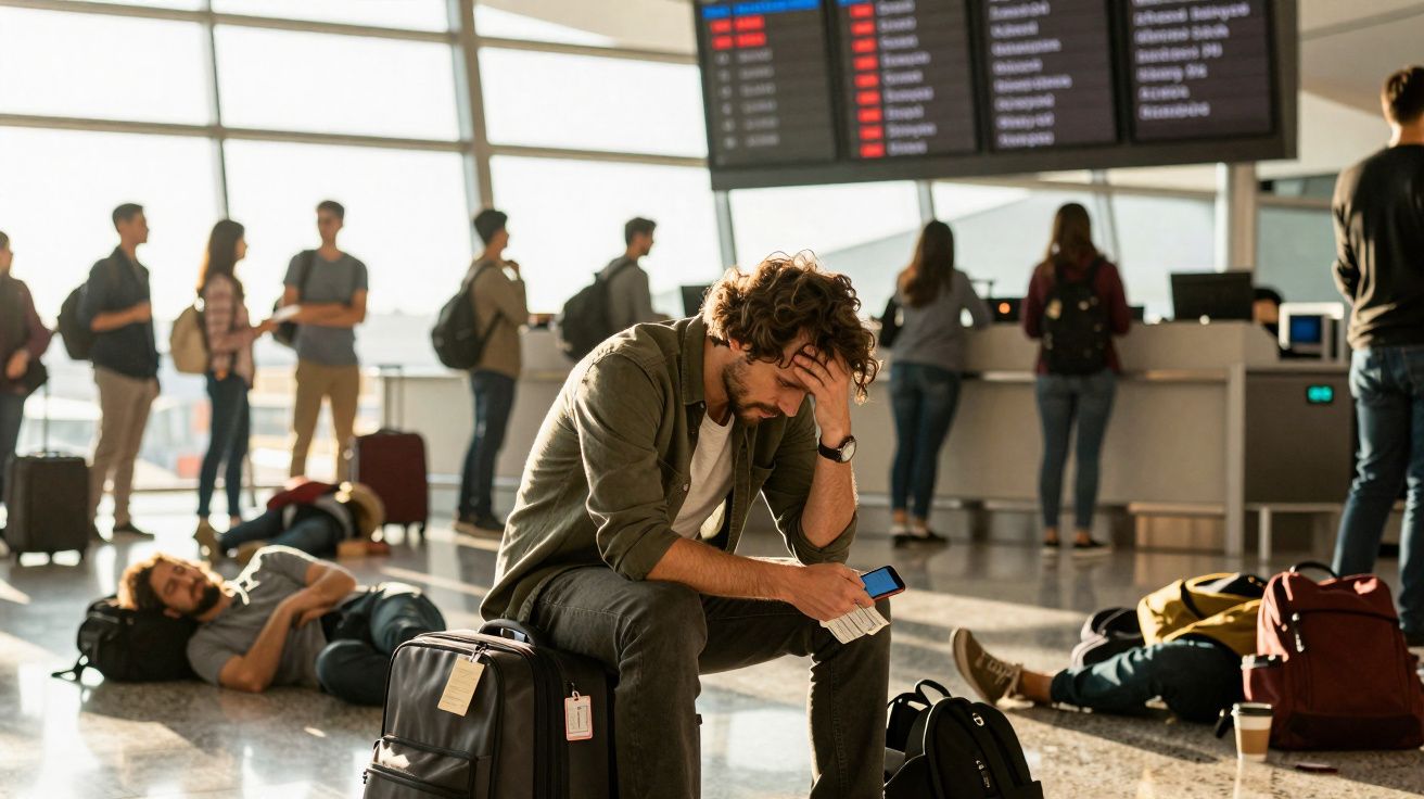 Homem sentado no aeroporto com expressão preocupada, segurando celular e passagem, com pessoas na fila ao fundo.