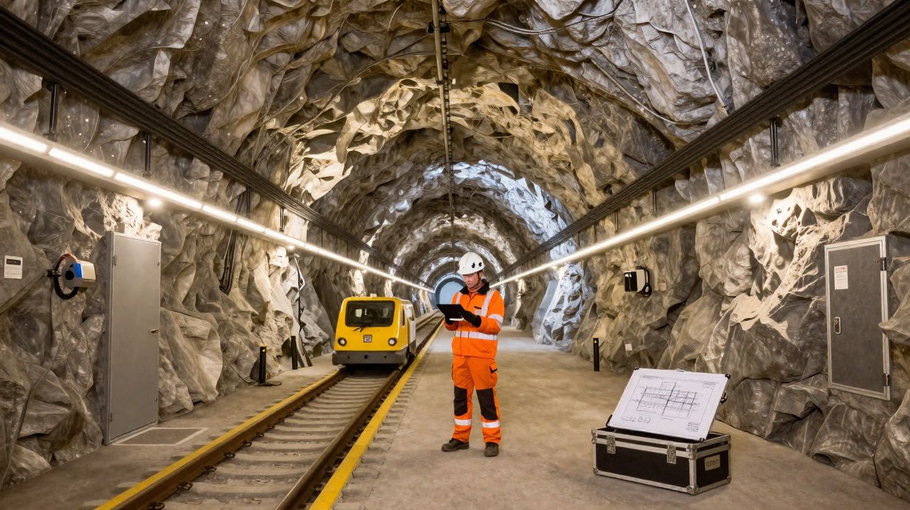 Trabalhador em uniforme laranja e capacete branco inspeciona trilhos em túnel rochoso com veículo amarelo.