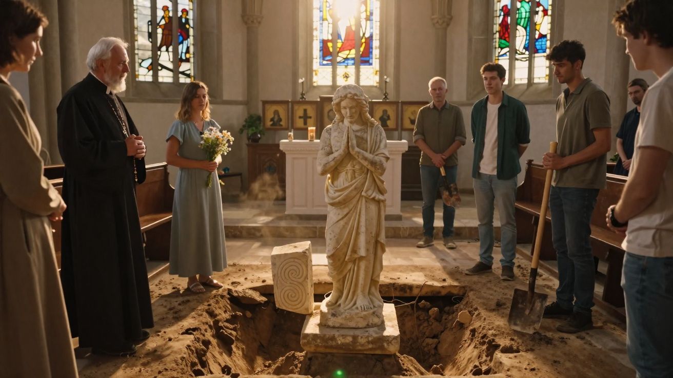 Pessoas reunidas em igreja ao redor de estátua de anjo em sepultura recém-aberta no chão.