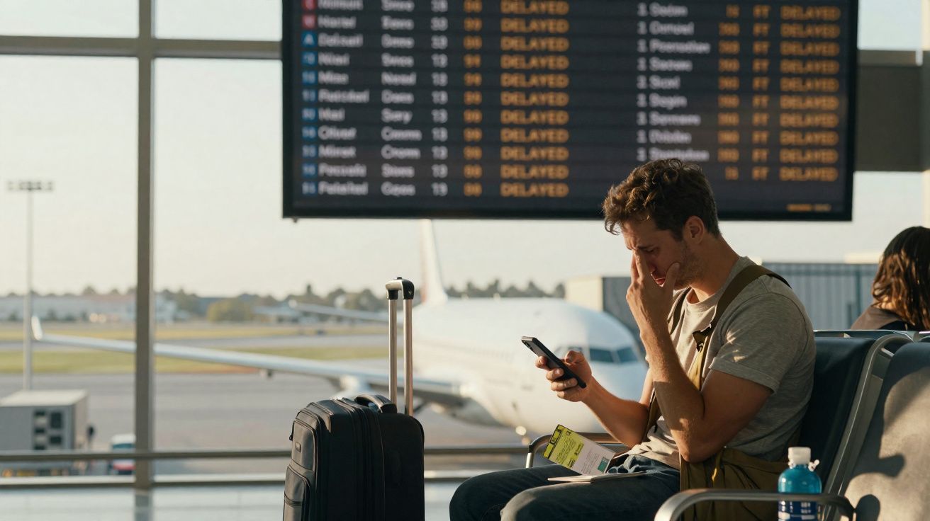 Homem preocupado com celular sentado em aeroporto com placa de voos atrasados ao fundo.