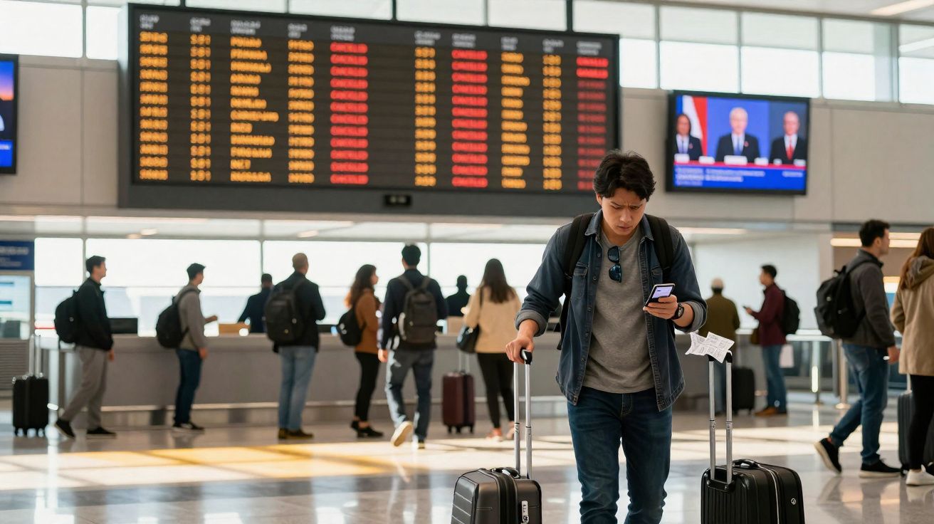 Homem com mochilas e malas olha celular em aeroporto com painel digital de voos ao fundo.