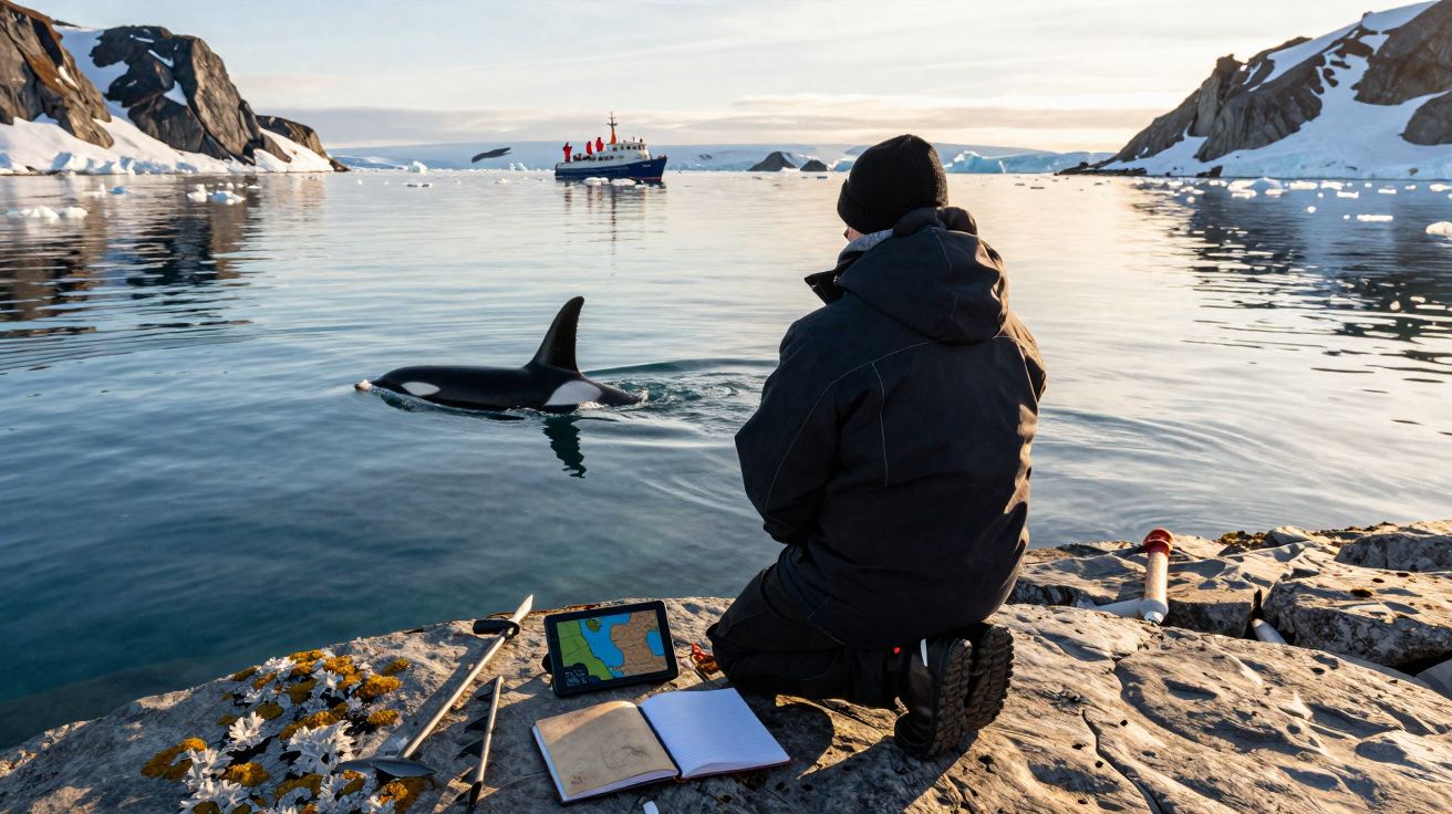 Pessoa observa orca em águas geladas com barco e montanhas nevadas ao fundo no pôr do sol.