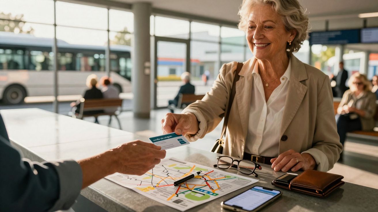 Mulher idosa sorridente entregando cartão para compra em ponto de ônibus com mapa e celular sobre a mesa.