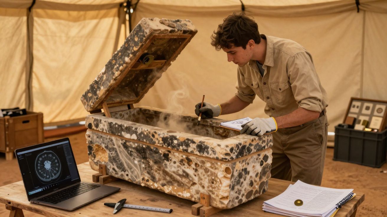 Homem inspecionando uma caixa antiga fumegante dentro de uma tenda, com notebook e papéis ao redor.