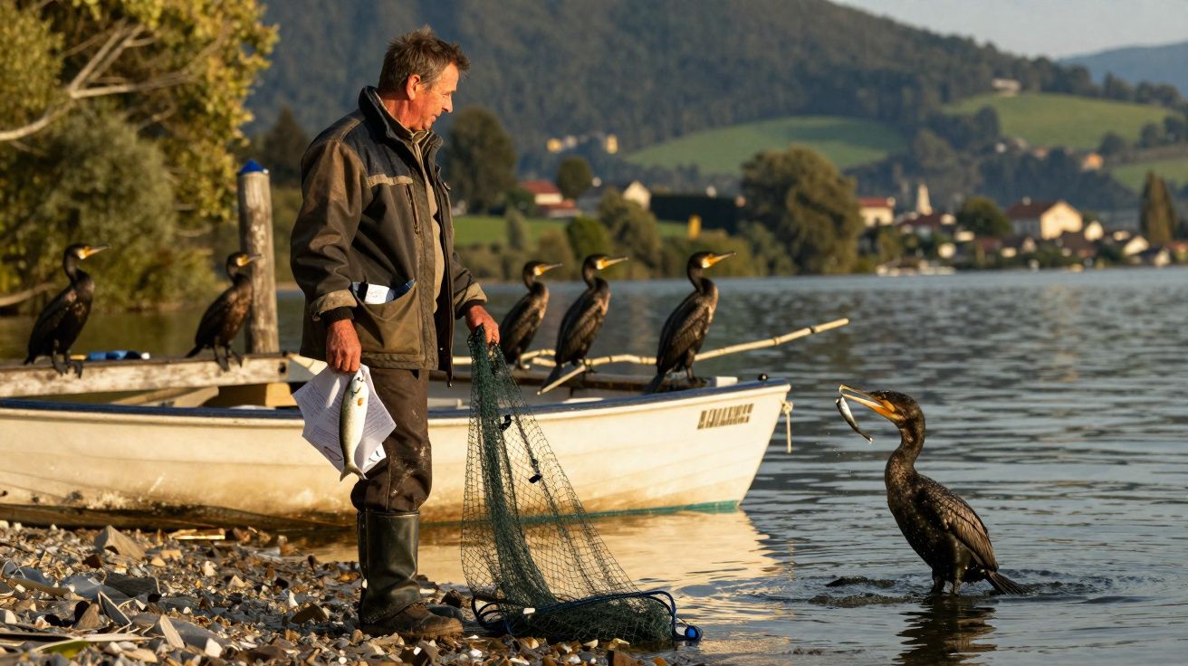 Homem com rede e peixe na mão observa cormorã na beira de lago com barcos e montanhas ao fundo.