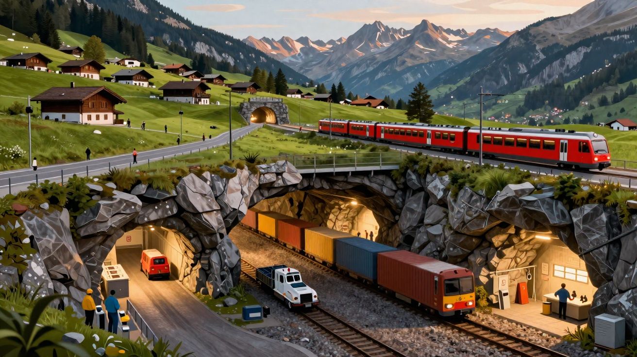 Túnel ferroviário e rodoviário em área montanhosa com trem vermelho, caminhão e edifícios ao redor.