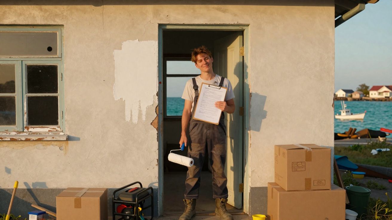 Homem com roupas de trabalho segura rolo de pintura e prancheta na porta de casa com caixa ao redor.