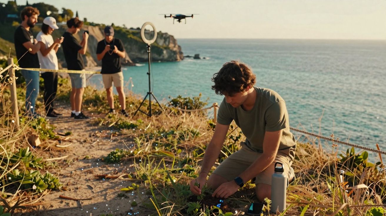 Jovem agachado mexendo em plantas perto do mar, com grupo observando e drone voando ao fundo.