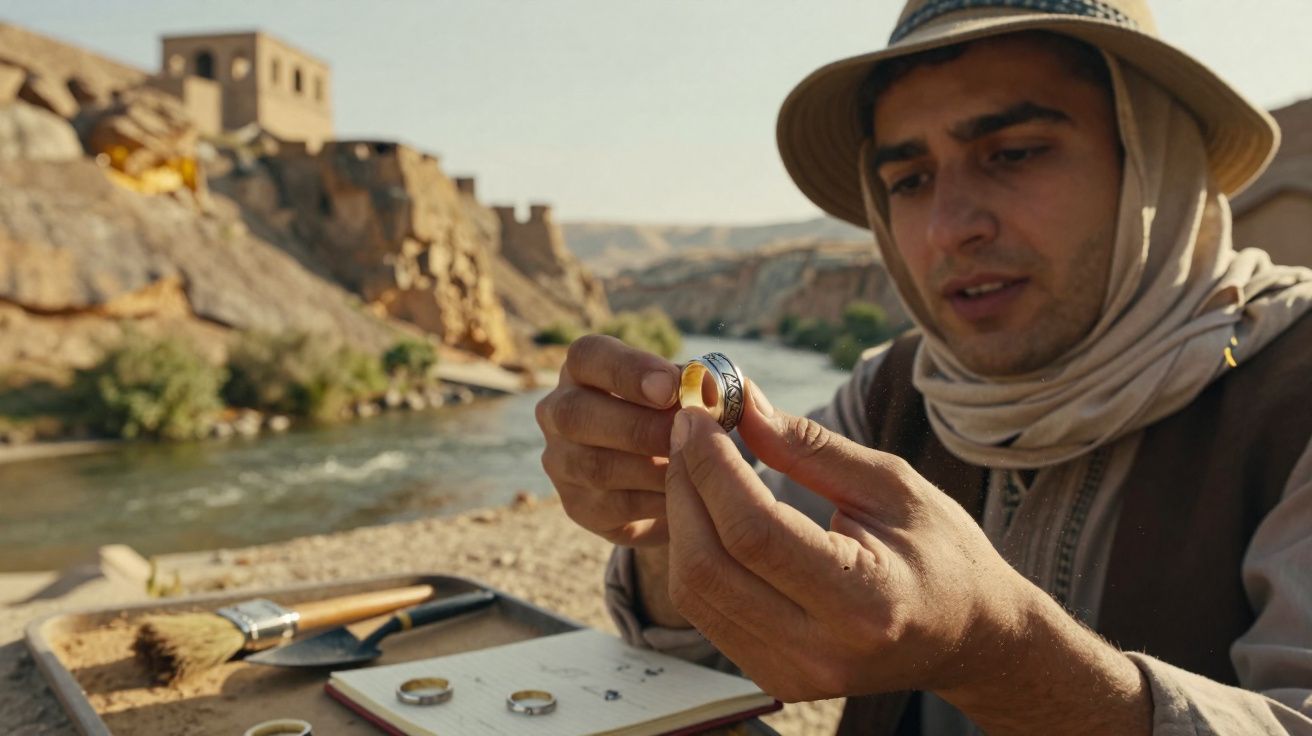 Homem em roupas tradicionais inspeciona anel próximo a rio com caderno e ferramentas sobre mesa de pedra.