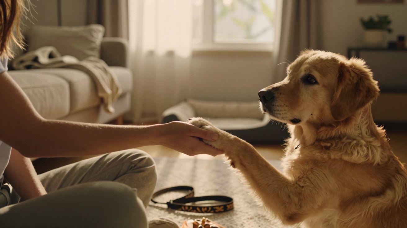 Pessoa sentada no chão apertando a pata de um cachorro dourado em sala com luz natural.
