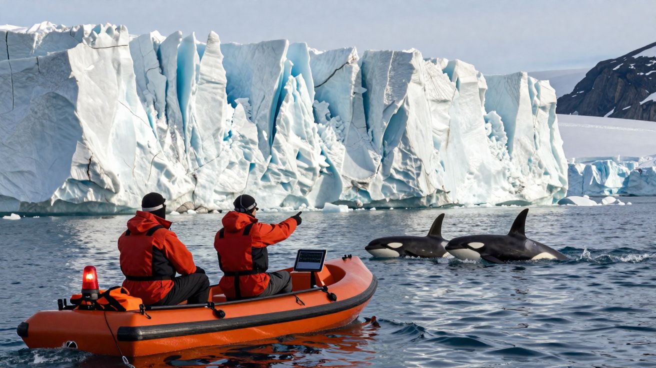 Duas pessoas em barco inflável observam duas orcas nadando próximas a um icebergue gigante.