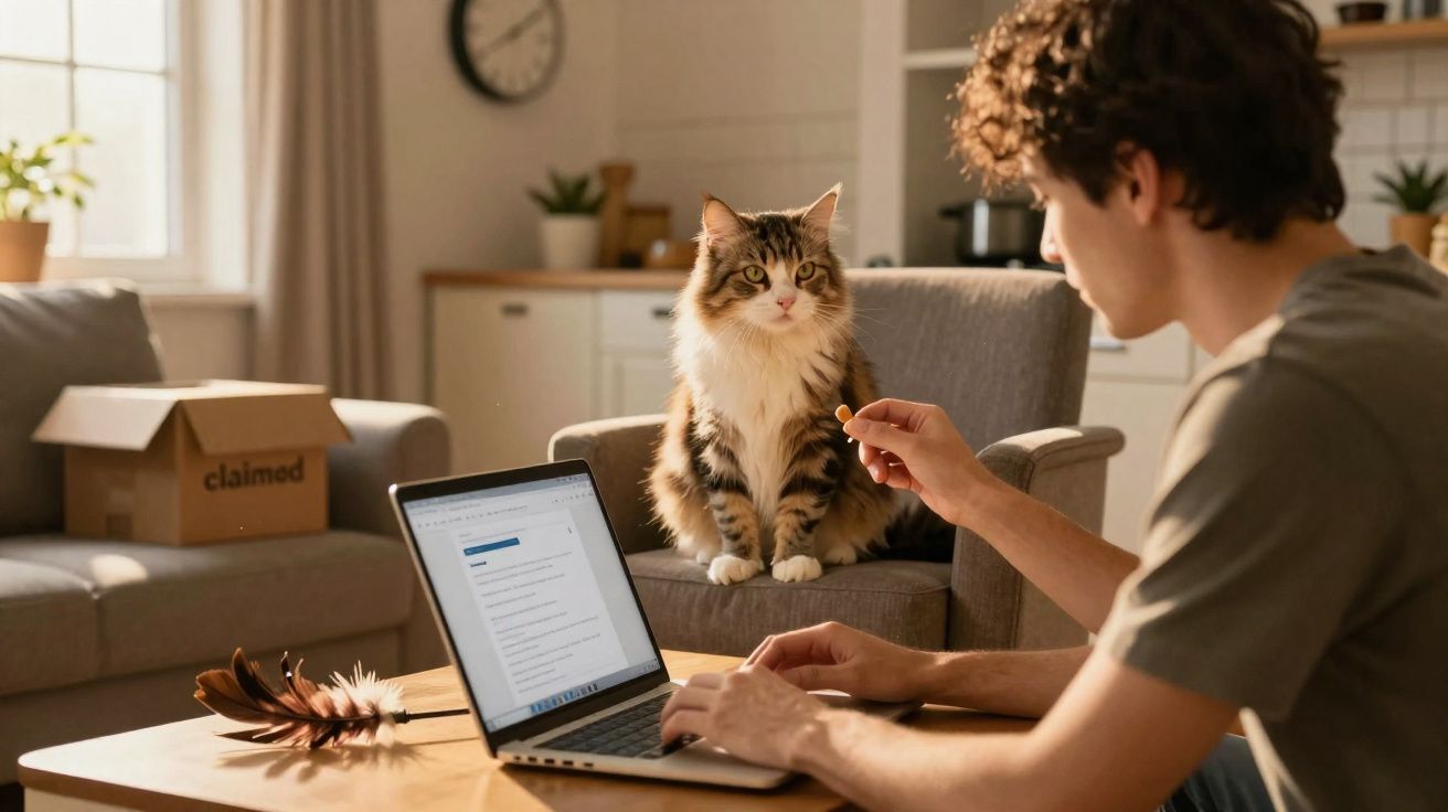 Jovem alimenta gato sentado em uma cadeira enquanto usa laptop em uma sala iluminada e aconchegante.